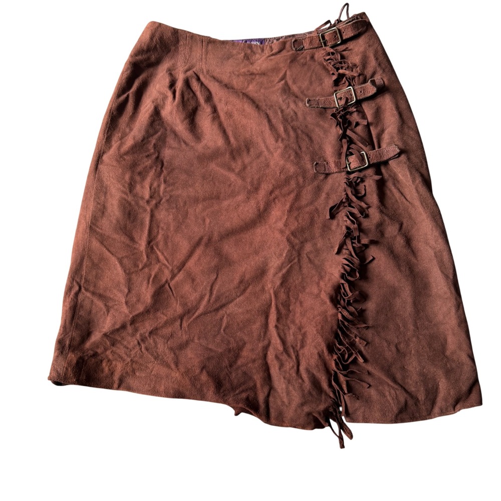 Ralph Lauren Collection Brown Suede Fringe Buckle Wrap Skirt 100% Leather 8